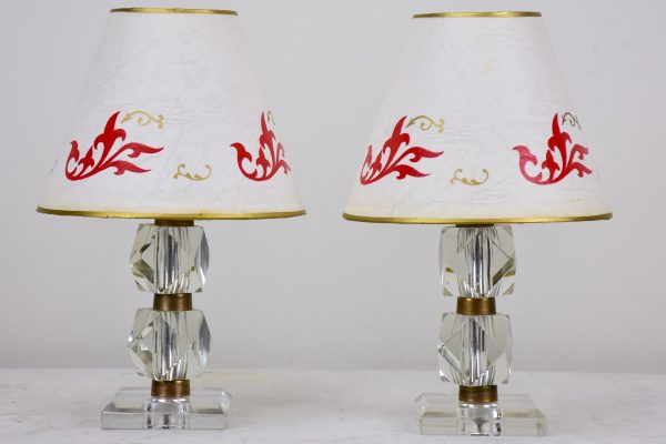 Pair of miniature mid-century table lamps with glass base Online