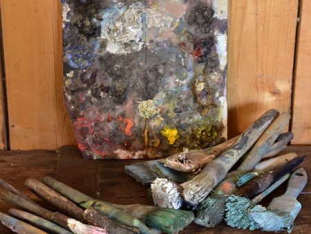 Rustic paint brushes and artist s palette on Sale