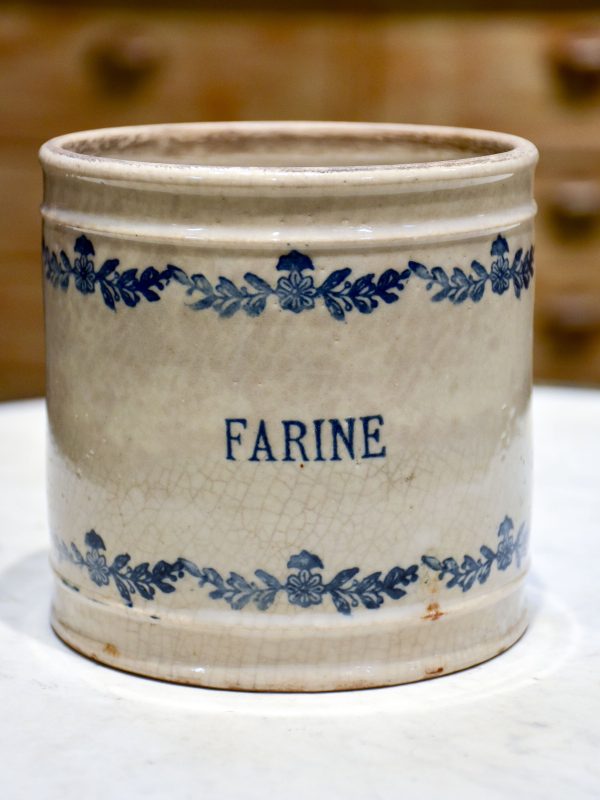 Antique French flour pot with blue flowers For Cheap