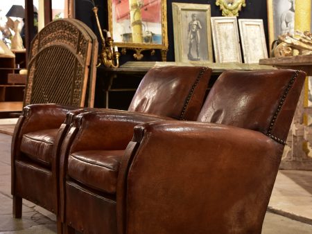 Pair of French leather club chairs from the 1930 s with stud detail Hot on Sale