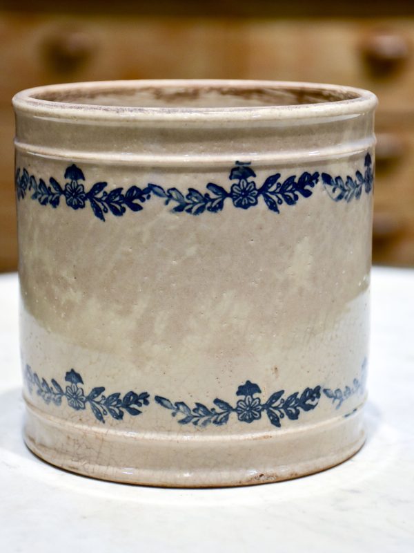 Antique French flour pot with blue flowers For Cheap