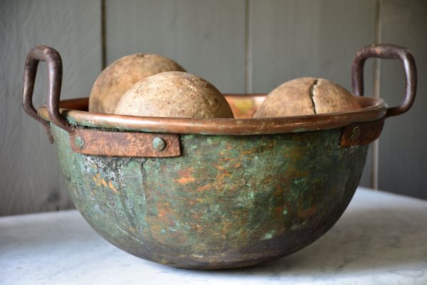 Rustic round French copper bowl with handles For Discount