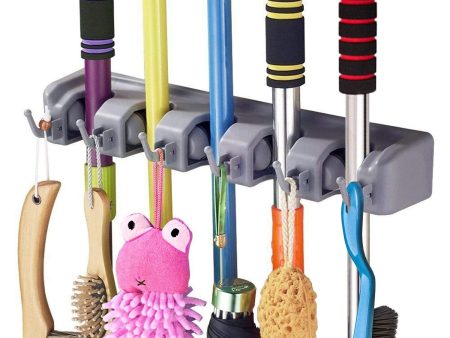 KWEL Wall Mounted, Brooms Holder for Storage Broomstick, Brushes, Mop Holder for Wall Mount Organizer with Hanger Hooks (5 Slot 6 Hooks) - Gray, Pack of 1 Online now