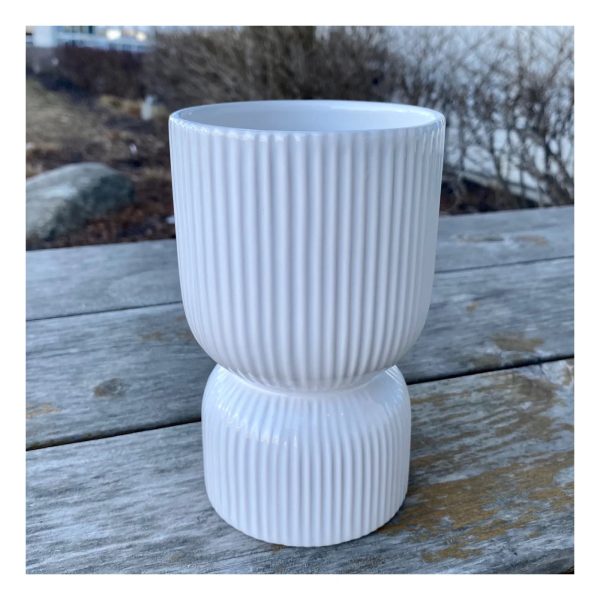 White Ribbed Sinched Vase For Discount