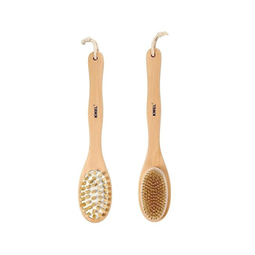 KWEL Wooden Double-sided Bath Brush With Massager and Long Handle | Natural Bristles | Dry Brushing Removes Dead Skin, Treats Cellulite & Stimulates Blood Flow Hot on Sale