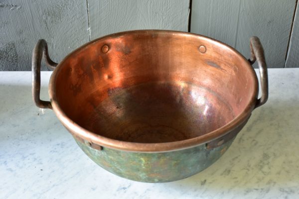 Rustic round French copper bowl with handles For Discount