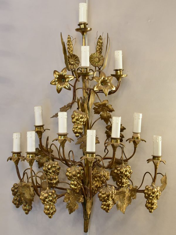 Large PAIR of gold wall sconces with grapes and vine leaves Online Hot Sale