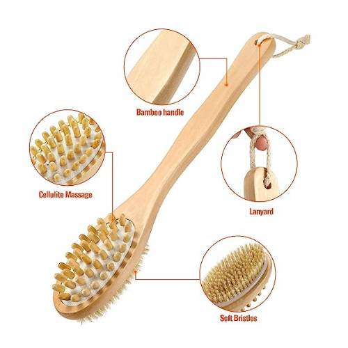 KWEL Wooden Double-sided Bath Brush With Massager and Long Handle | Natural Bristles | Dry Brushing Removes Dead Skin, Treats Cellulite & Stimulates Blood Flow Hot on Sale