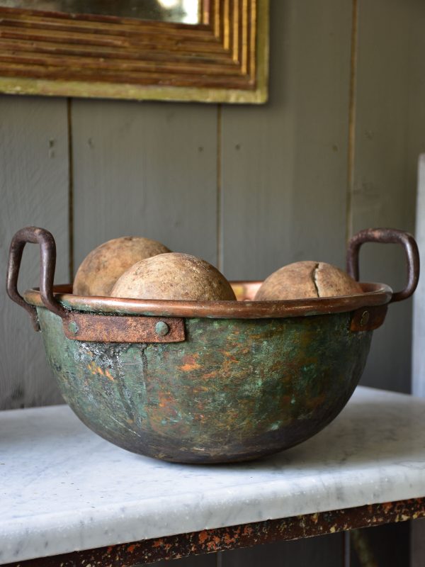 Rustic round French copper bowl with handles For Discount